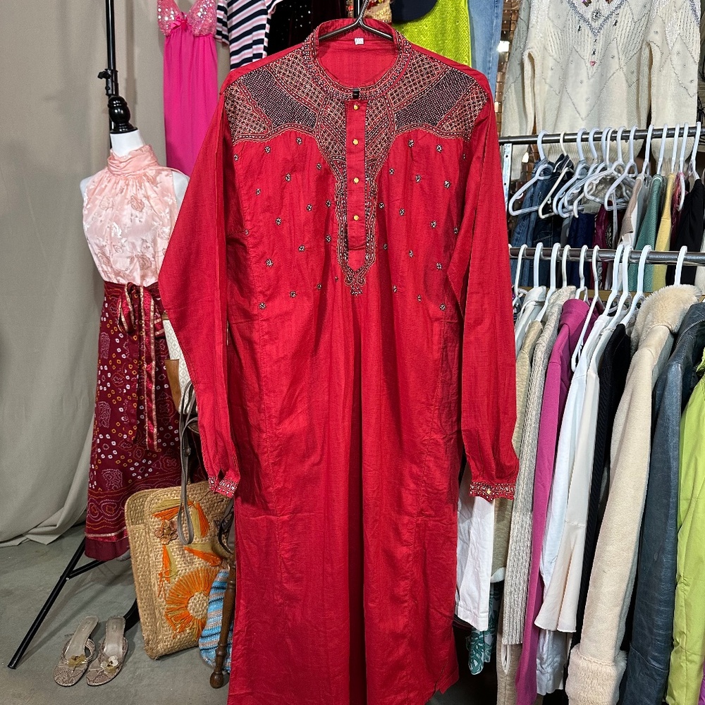 Vintage Red Tunic with Black Embroidery & Orange Buttons Size 44